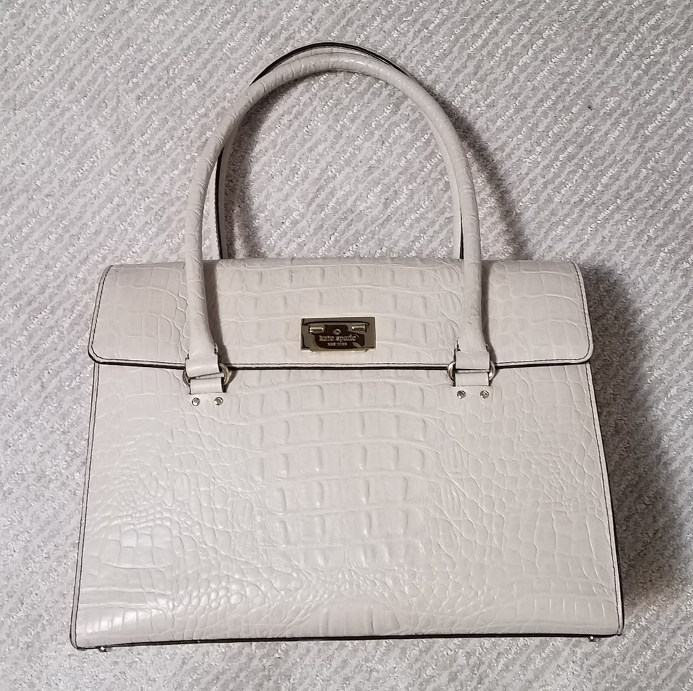Kate Spade Cream Croc-Embossed Shoulder Bag with Gold Accents